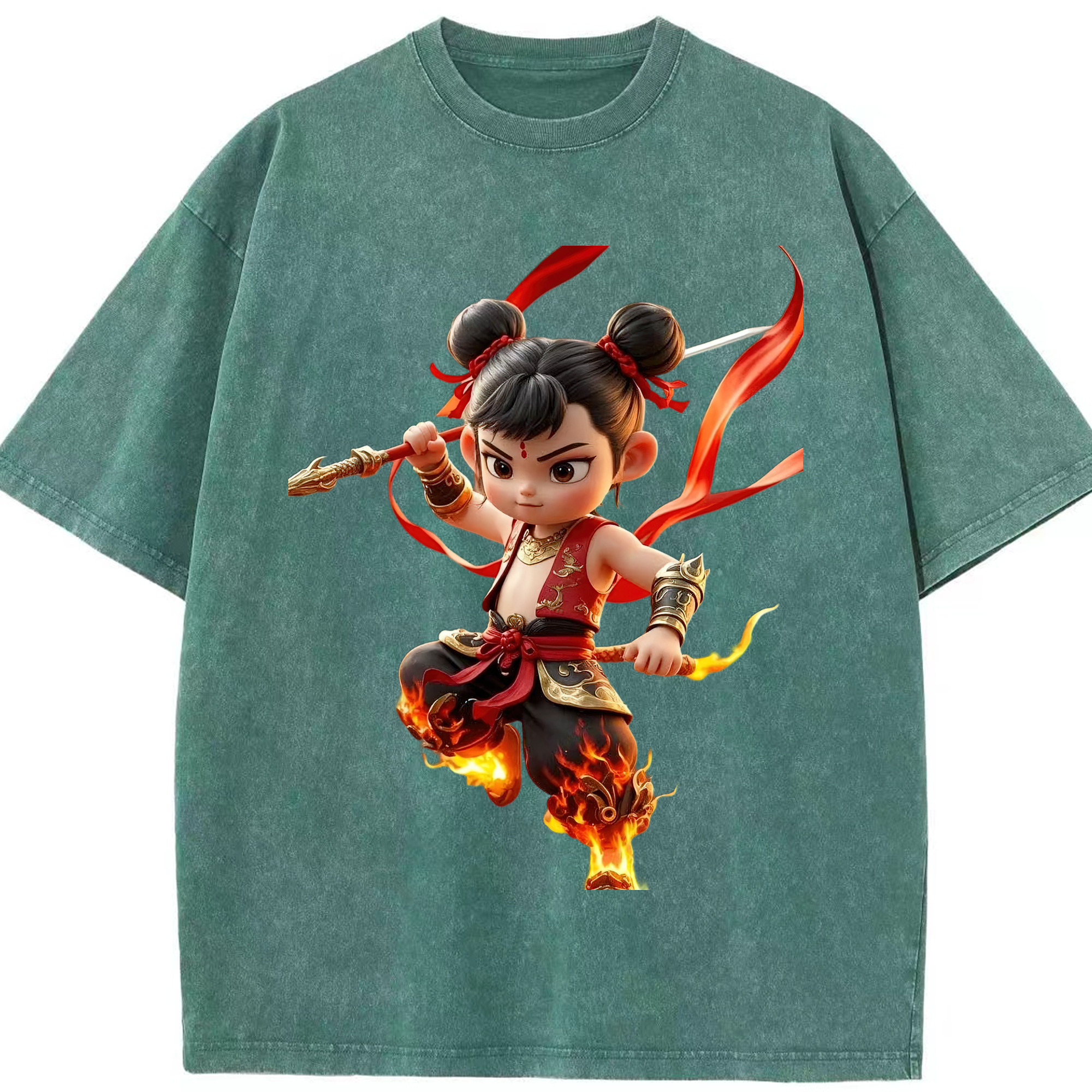 （画像用） Ne Zha 2 ナタ 魔童の大暴れ 綿100% ヴィンテージ風 半袖Tシャツ（フロントプリント）